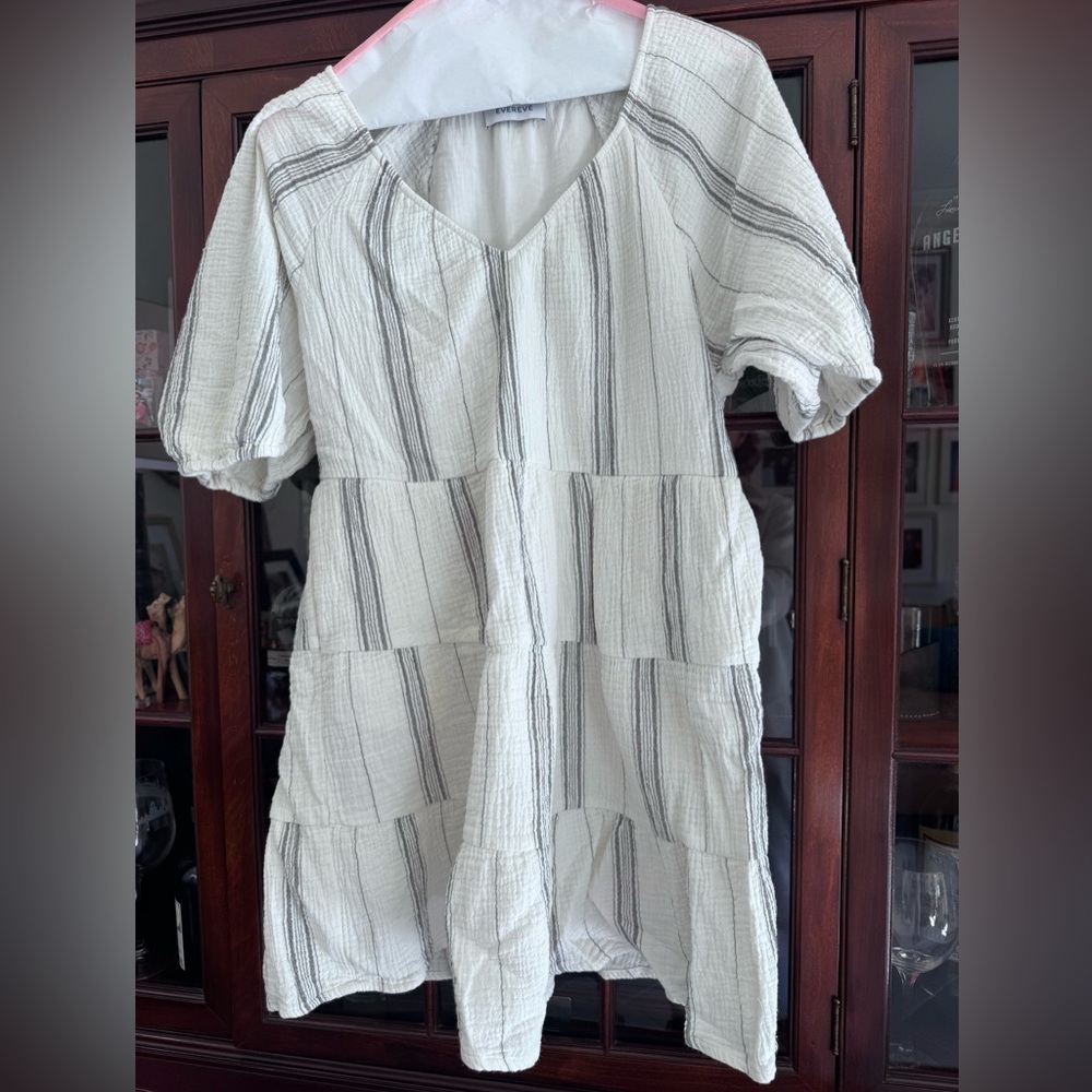 White Gauze Tiered Mini Dress with Thin Gray Stripes